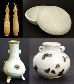 Yuan tomb offering vases with moulded appliqu&eacute;s, Fujian box, jar with iron oxide splashes widely exported to S E Asia and qingbai porcelain tripod vase with applied bosses - courtesy R&G McPherson Antiques